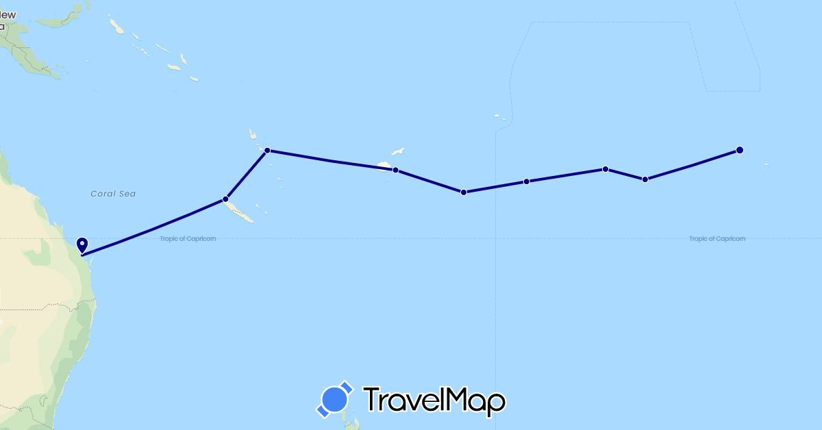 TravelMap itinerary: driving in Australia, Cook Islands, Fiji, France, Niue, Tonga, Vanuatu (Europe, Oceania)