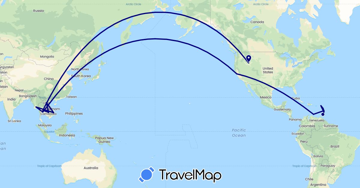 TravelMap itinerary: driving in France, Grenada, Cambodia, Saint Kitts and Nevis, Laos, Saint Lucia, Myanmar (Burma), Netherlands, Thailand, United States, Saint Vincent and the Grenadines, Vietnam (Asia, Europe, North America)